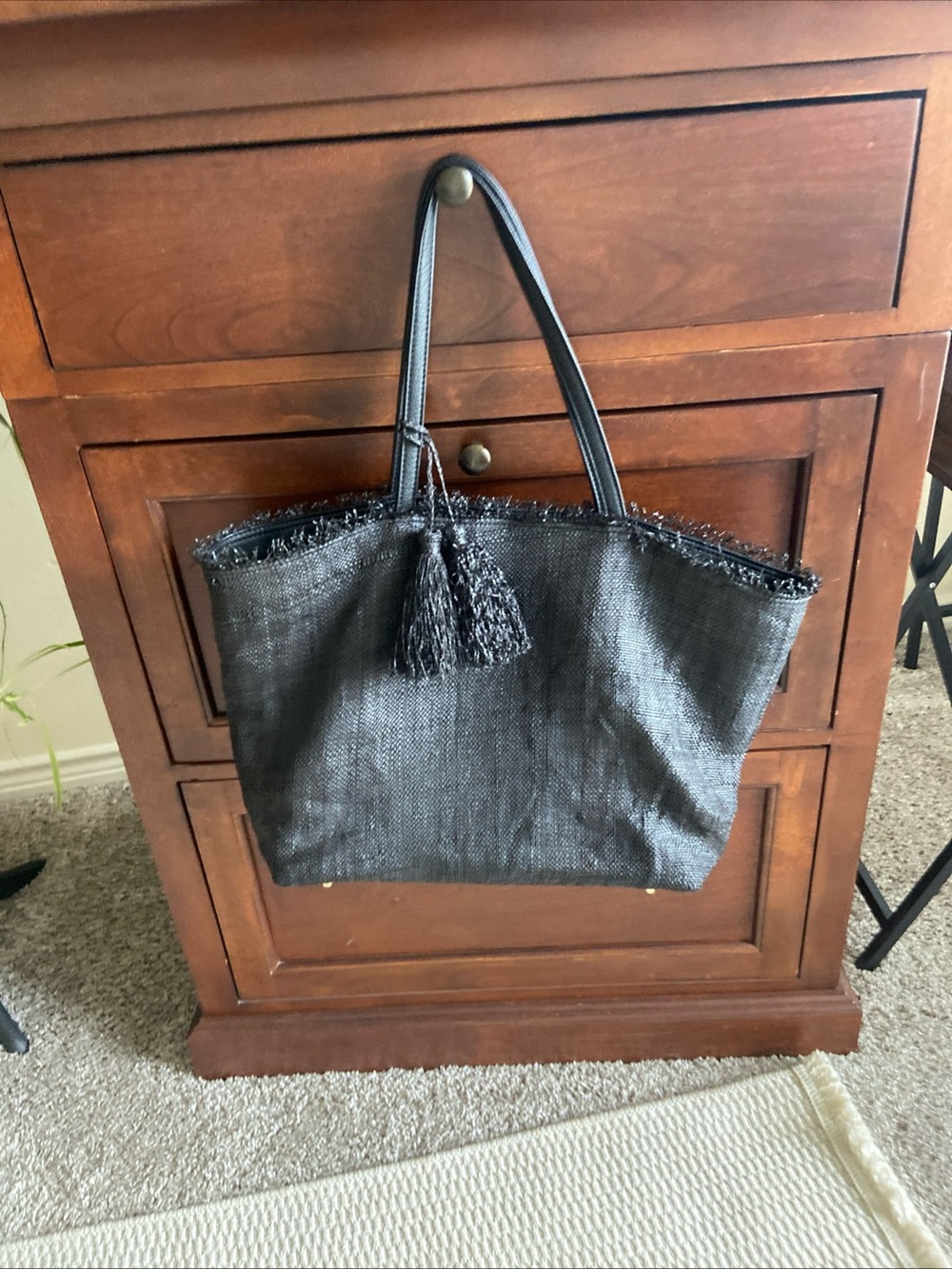 Black straw Neiman Marcus Tote Bag with Tassel Detail